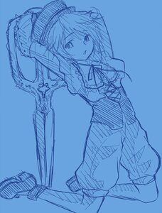 Rating: Safe Score: 0 Tags: 1girl blue_background blue_theme boots hat image monochrome short_hair simple_background sketch solo souseiseki sword weapon User: admin