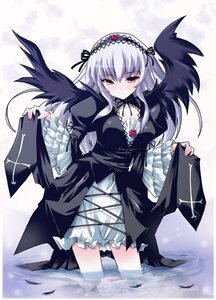 Rating: Safe Score: 0 Tags: 1girl black_wings blush detached_collar dress feathers flower frilled_sleeves frills hairband image long_hair long_sleeves looking_at_viewer pale_skin pink_eyes red_eyes ribbon rose rozen_maiden shinshin silver_hair skirt_hold solo standing suigintou wading water wings User: admin