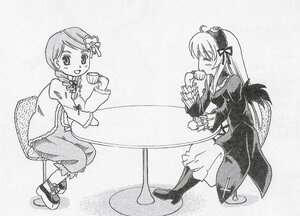 Rating: Safe Score: 0 Tags: 2girls cup dress full_body greyscale image kanaria long_hair long_sleeves monochrome multiple_girls open_mouth pair simple_background sitting suigintou table teacup wings User: admin