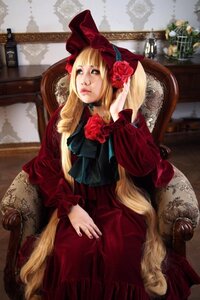 Rating: Safe Score: 0 Tags: 1girl blonde_hair bonnet chair dress flower lips long_hair red_dress rose shinku sitting solo very_long_hair User: admin