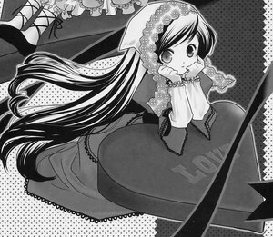 Rating: Safe Score: 0 Tags: 1girl dress frills greyscale halftone halftone_background image long_hair long_sleeves looking_at_viewer monochrome polka_dot polka_dot_background polka_dot_legwear smile solo suiseiseki very_long_hair User: admin