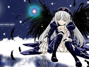 Rating: Safe Score: 0 Tags: 1girl black_wings dress feathers frills hairband image long_hair long_sleeves night pink_eyes purple_eyes silver_hair sitting sky solo star_(sky) starry_sky suigintou wings User: admin