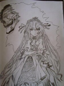 Rating: Safe Score: 0 Tags: 1girl closed_mouth dress eyebrows_visible_through_hair frills greyscale hairband image juliet_sleeves long_hair long_sleeves looking_at_viewer monochrome ribbon solo suigintou traditional_media very_long_hair User: admin