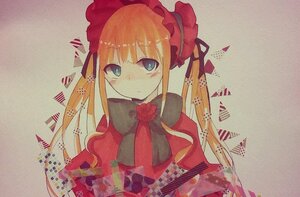 Rating: Safe Score: 0 Tags: 1girl blonde_hair blue_eyes blush bonnet bow bowtie capelet dress flower image long_hair looking_at_viewer shinku sidelocks solo twintails upper_body User: admin