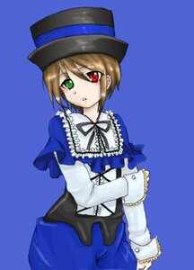 Rating: Safe Score: 0 Tags: 1girl blue_background blue_dress blush brown_hair dress frills green_eyes hat heterochromia image long_sleeves looking_at_viewer red_eyes ribbon short_hair simple_background solo souseiseki top_hat User: admin