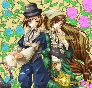 Rating: Safe Score: 0 Tags: 2girls blue_dress brown_hair dress flower frills green_dress hat head_scarf heterochromia image long_hair long_sleeves multiple_girls pair red_eyes rose short_hair siblings sisters souseiseki suiseiseki top_hat twins very_long_hair watering_can User: admin