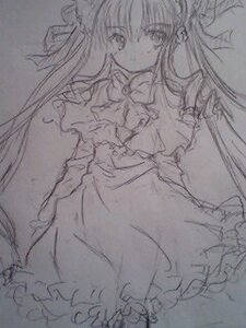 Rating: Safe Score: 0 Tags: 1girl bow dress frills greyscale image long_hair looking_at_viewer monochrome shinku simple_background sketch solo traditional_media User: admin