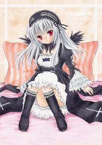 Rating: Safe Score: 0 Tags: 1girl black_dress black_footwear blush boots detached_collar dress frills hairband image juliet_sleeves knee_boots long_hair long_sleeves looking_at_viewer marker_(medium) red_eyes silver_hair sitting solo suigintou traditional_media wings User: admin