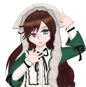 Rating: Safe Score: 0 Tags: 1girl bangs brown_hair dress green_eyes heterochromia image long_hair long_sleeves looking_at_viewer open_mouth red_eyes simple_background solo striped suiseiseki upper_body vertical_stripes white_background User: admin