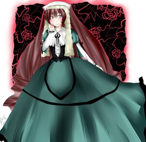 Rating: Safe Score: 0 Tags: 1girl blush brown_hair dress green_dress green_eyes image long_hair long_sleeves looking_at_viewer red_eyes smile solo suiseiseki very_long_hair User: admin