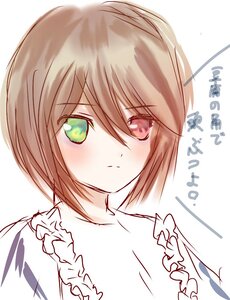 Rating: Safe Score: 0 Tags: 1girl bangs blush brown_hair closed_mouth eyebrows_visible_through_hair frills green_eyes hair_between_eyes hariruri heterochromia image looking_at_viewer red_eyes sketch solo souseiseki striped upper_body white_background User: admin