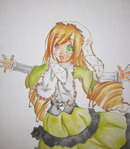 Rating: Safe Score: 0 Tags: 1girl :d blonde_hair dress drill_hair frills green_dress green_eyes heterochromia image long_hair long_sleeves looking_at_viewer open_mouth outstretched_hand pantyhose red_eyes simple_background smile solo suiseiseki traditional_media twin_drills very_long_hair User: admin