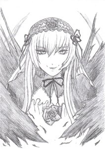 Rating: Safe Score: 0 Tags: 1girl black_wings dress feathered_wings feathers flower frills graphite_(medium) greyscale hairband image long_hair long_sleeves looking_at_viewer monochrome rose simple_background smile solo suigintou traditional_media white_background wings User: admin