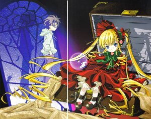 Rating: Safe Score: 0 Tags: 1boy 1girl black_footwear blonde_hair blue_eyes bonnet bow bowtie dress green_bow hood image long_hair long_sleeves looking_at_viewer pants red_dress shinku shoes sidelocks sitting solo twintails very_long_hair User: admin