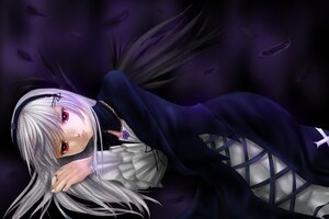 Rating: Safe Score: 0 Tags: 1girl black_wings cross dress feathers frilled_sleeves frills hairband image jewelry long_hair long_sleeves looking_at_viewer red_eyes ribbon silver_hair solo suigintou wings User: admin