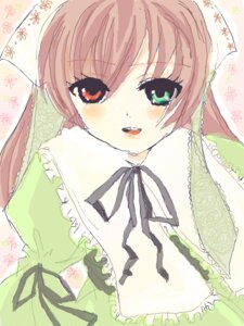 Rating: Safe Score: 0 Tags: 1girl bangs brown_hair dress green_dress green_eyes head_scarf heterochromia image long_sleeves looking_at_viewer open_mouth red_eyes ribbon simple_background smile solo suiseiseki upper_body User: admin