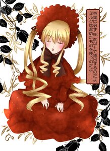 Rating: Safe Score: 0 Tags: 1girl blonde_hair blush bonnet bow bowtie closed_eyes dress drill_hair hat image leaf long_hair long_sleeves red_dress shinku sitting solo twintails very_long_hair User: admin