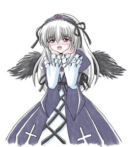 Rating: Safe Score: 3 Tags: 1girl :d black_wings blush dress frills hairband hands_on_own_cheeks hands_on_own_face image long_hair long_sleeves looking_at_viewer open_mouth pink_eyes ribbon simple_background smile solo suigintou white_background wings User: admin