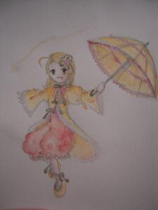 Rating: Safe Score: 0 Tags: 1girl ahoge blonde_hair dress hair_ornament holding holding_umbrella image kanaria long_sleeves parasol photo red_dress short_hair simple_background solo traditional_media umbrella User: admin