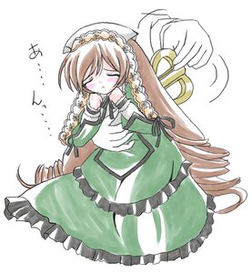 Rating: Safe Score: 0 Tags: 1girl blush brown_hair closed_eyes dress drill_hair flower frills green_dress head_scarf image long_hair long_sleeves ringlets simple_background solo suiseiseki twin_drills very_long_hair white_background User: admin