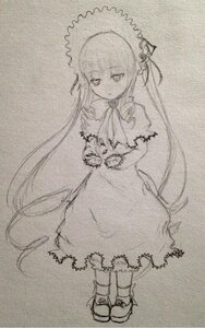 Rating: Safe Score: 0 Tags: 1girl blush bonnet capelet dress full_body greyscale image long_hair long_sleeves looking_at_viewer monochrome shinku sketch solo standing traditional_media twintails very_long_hair User: admin