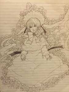 Rating: Safe Score: 0 Tags: 1girl dress flower image long_hair long_sleeves monochrome rose shinku solo traditional_media User: admin