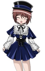 Rating: Safe Score: 0 Tags: 1girl :d ^_^ ^o^ blue_dress blush brown_hair capelet closed_eyes cowboy_shot dress hat image long_sleeves open_mouth short_hair simple_background smile solo souseiseki white_background User: admin