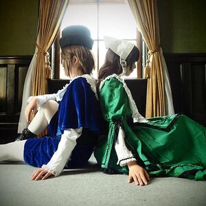 Rating: Safe Score: 0 Tags: blue_dress brown_hair curtains dress green_dress hat indoors long_sleeves maid multiple_cosplay sitting tagme window User: admin