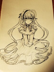 Rating: Safe Score: 0 Tags: 1girl bow bowtie capelet dress frills hairband image long_hair long_sleeves looking_at_viewer monochrome own_hands_together shinku simple_background solo traditional_media twintails v_arms very_long_hair User: admin