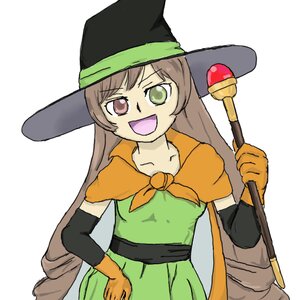 Rating: Safe Score: 0 Tags: 1girl :d brown_hair cape capelet dress elbow_gloves gloves green_eyes hand_on_hip hat holding image long_hair looking_at_viewer open_mouth simple_background smile solo staff suiseiseki white_background User: admin