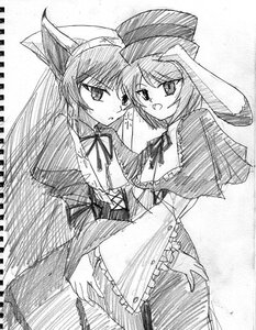 Rating: Safe Score: 0 Tags: 2girls capelet greyscale hat image long_hair long_sleeves looking_at_viewer monochrome multiple_girls pair ribbon sisters souseiseki suiseiseki traditional_media very_long_hair User: admin