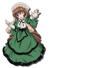 Rating: Safe Score: 0 Tags: 1girl ;d brown_hair dress drill_hair green_dress hat image long_hair long_sleeves looking_at_viewer one_eye_closed open_mouth ribbon smile solo suiseiseki very_long_hair User: admin