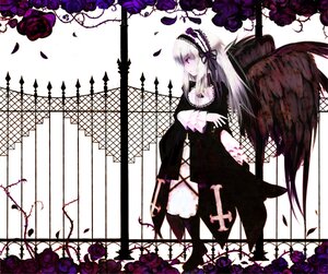 Rating: Safe Score: 0 Tags: 1girl black_dress black_wings commentary_request cross-laced_clothes dress feathers fence flower frills hairband image lolita_hairband long_hair long_sleeves looking_afar looking_away looking_to_the_side petals photoshop_(medium) pink_eyes purple_eyes purple_flower purple_rose red_flower red_rose rose rose_petals rozen_maiden solo sorethroat standing suigintou very_long_hair wings User: admin