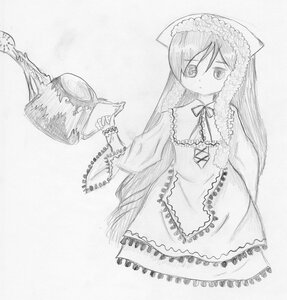 Rating: Safe Score: 0 Tags: 1girl bangs closed_mouth dress frills greyscale hat holding image lolita_fashion long_hair long_sleeves looking_at_viewer monochrome ribbon solo standing suiseiseki very_long_hair wide_sleeves User: admin