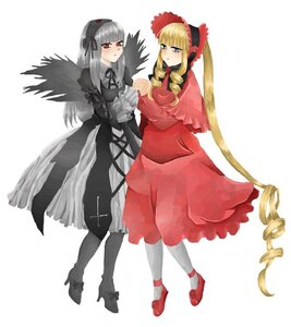 Rating: Safe Score: 0 Tags: 2girls blonde_hair blush bonnet boots dress drill_hair hairband high_heels holding_hands image long_hair long_sleeves multiple_girls pair pantyhose red_dress red_eyes shinku silver_hair suigintou very_long_hair wings User: admin