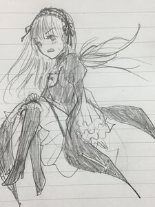 Rating: Safe Score: 0 Tags: 1girl boots dress frills greyscale hairband image lolita_hairband long_hair long_sleeves looking_at_viewer monochrome open_mouth solo striped suigintou tears traditional_media vertical_stripes wings User: admin