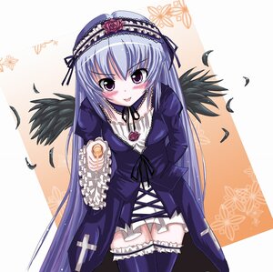Rating: Safe Score: 3 Tags: 1girl :p black_wings blush dress feathers flower frills hairband image lolita_hairband long_hair long_sleeves looking_at_viewer rose silver_hair solo suigintou thighhighs tongue tongue_out wings User: admin