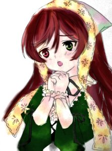 Rating: Safe Score: 0 Tags: 1girl :o blush dress green_dress green_eyes head_scarf heterochromia image long_hair long_sleeves open_mouth red_eyes simple_background solo suiseiseki tears upper_body white_background User: admin