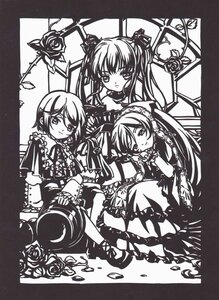 Rating: Safe Score: 0 Tags: 3girls dress flower greyscale hair_ornament image lolita_fashion long_hair looking_at_viewer monochrome multiple multiple_girls ribbon rose short_hair sitting tagme twintails User: admin