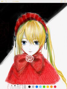 Rating: Safe Score: 0 Tags: 1girl artist_name bangs blonde_hair blue_eyes capelet flower image long_hair looking_at_viewer marker_(medium) portrait red_capelet rose shinku simple_background solo traditional_media twintails User: admin