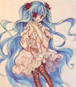 Rating: Safe Score: 0 Tags: 1girl blue_hair boots dress flower hair_flower hair_ornament hands_clasped image kirakishou long_hair open_mouth own_hands_together red_eyes rose smile solo traditional_media very_long_hair User: admin