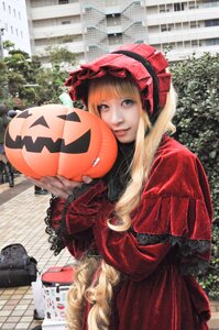 Rating: Safe Score: 0 Tags: 1girl blonde_hair blue_eyes bonnet building chain-link_fence city day dress fence hat jack-o'-lantern lips lolita_fashion long_hair long_sleeves looking_at_viewer outdoors pumpkin red_dress shinku solo traditional_media tree User: admin
