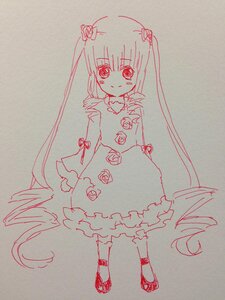 Rating: Safe Score: 0 Tags: 1girl bow dress frilled_dress frills full_body image long_hair looking_at_viewer monochrome shinku smile solo standing traditional_media very_long_hair User: admin