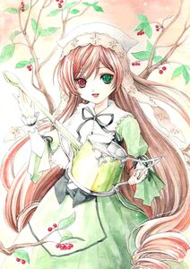 Rating: Safe Score: 0 Tags: 1girl :d brown_hair dress drill_hair food fruit green_dress green_eyes hat heterochromia image long_hair long_sleeves looking_at_viewer open_mouth pink_hair red_eyes ribbon smile solo suiseiseki traditional_media twin_drills very_long_hair watering_can User: admin