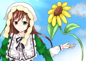 Rating: Safe Score: 0 Tags: 1girl brown_hair cloud day dress flower frills green_dress green_eyes hat head_scarf heterochromia image long_hair long_sleeves looking_at_viewer outdoors plant red_eyes sky smile solo suiseiseki sunflower very_long_hair watering_can User: admin
