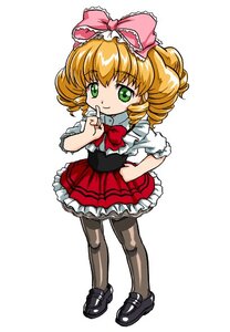 Rating: Safe Score: 0 Tags: 1girl blonde_hair bow dress finger_to_mouth frills full_body green_eyes hair_bow hand_on_hip hinaichigo image looking_at_viewer mary_janes pantyhose pink_bow shirt shoes short_hair skirt smile solo standing white_background User: admin