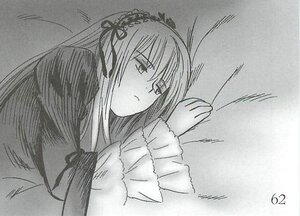 Rating: Safe Score: 0 Tags: 1girl dress flower frills greyscale hair_ribbon hairband image long_hair long_sleeves looking_at_viewer monochrome pillow ribbon signature simple_background solo suigintou traditional_media upper_body User: admin