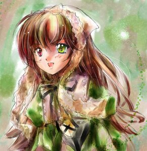Rating: Safe Score: 0 Tags: 1girl :d brown_hair dress frills green_background green_dress green_eyes hat head_scarf heterochromia image long_hair long_sleeves looking_at_viewer main open_mouth photoshop_(medium) red_eyes rozen_maiden smile solo suiseiseki upper_body very_long_hair User: admin
