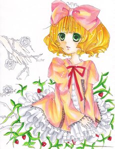 Rating: Safe Score: 0 Tags: 1girl auto_tagged blonde_hair bow dress flower food frills fruit green_eyes hair_bow hina_ichigo hinaichigo image juliet_sleeves long_sleeves looking_at_viewer pink_bow plant puffy_sleeves rose short_hair solo strawberry traditional_media User: admin