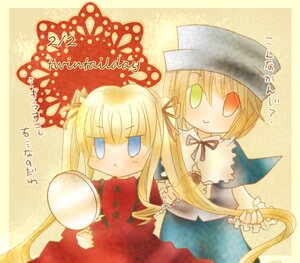 Rating: Safe Score: 0 Tags: 2girls blonde_hair blue_eyes dress green_eyes hat head_scarf heterochromia image long_hair multiple_girls pair ribbon shinku souseiseki twintails User: admin